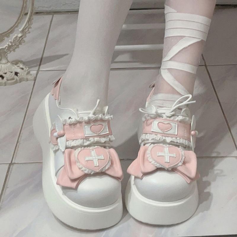 Butterfly Knot Thick Soled Lolita Shoes Women Casual Board Shoes Round Toe Bread Japanese Girls Single