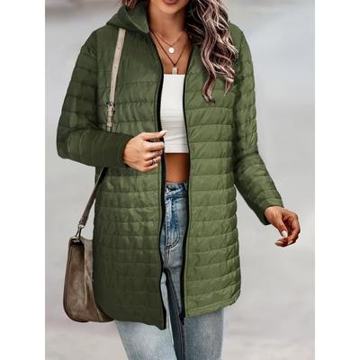 Solid Zipper Front Hooded Coat, Versatile Long Sleeve Winter Warm Outwear, Women's Clothing