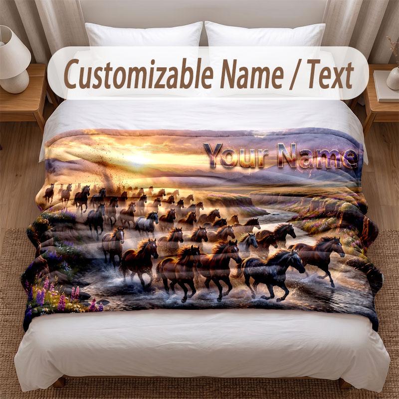 Horse Theme Soft Blanket Personalized Custom Name Text Print Warm Blanket Home Sofa Bedroom Decor