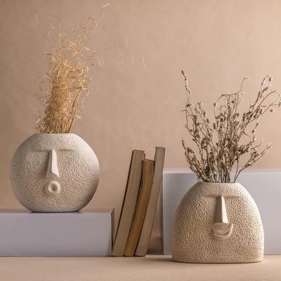 Ceramic Flower Vase | Set of 2 | Upbeat Face Vase 5.5 Inches & Blowing Kiss Face Vase 6 Inches (White, Raw Finish)
