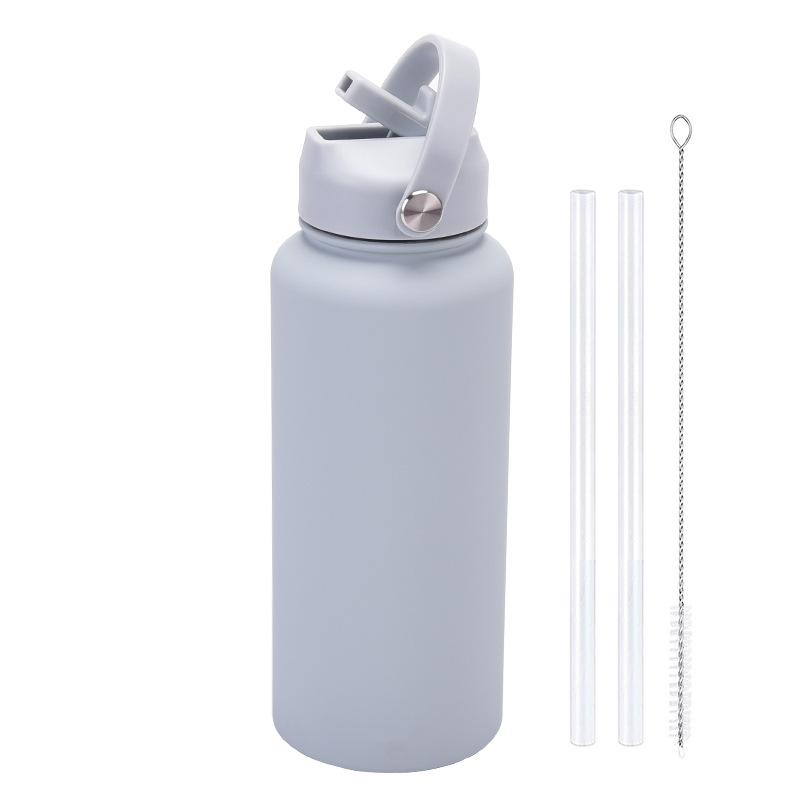 

Sports Kettle Stainless Steel Large Capacity 1L Beautiful Mouth Thermos Cup Portable Handle Straw Water Cup 1L светло-серый