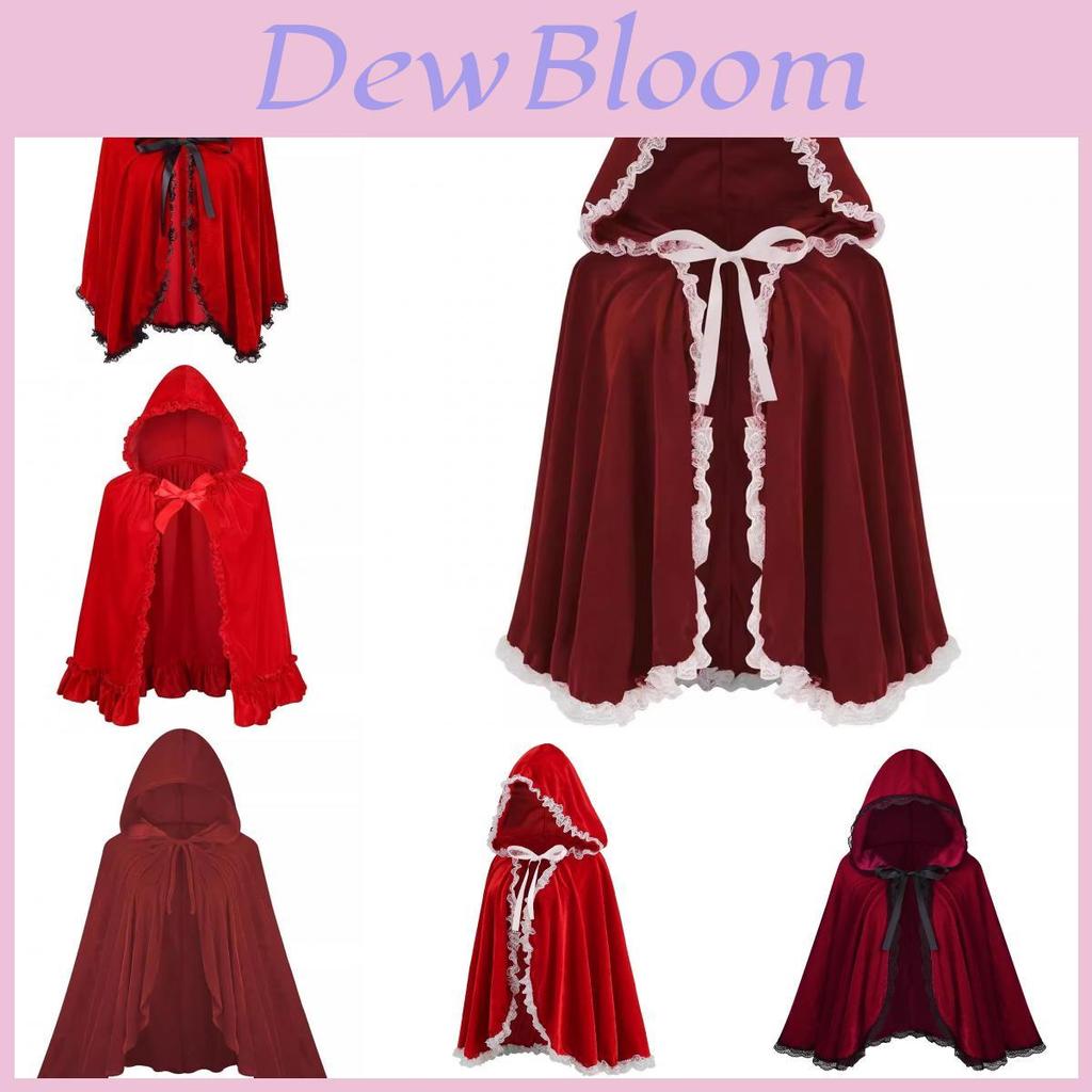 Elegante Mantello con Cappuccio in Velluto Rosso per Donna con Pizzo Arricciato e Bordi a Volant per Tutte le Stagioni