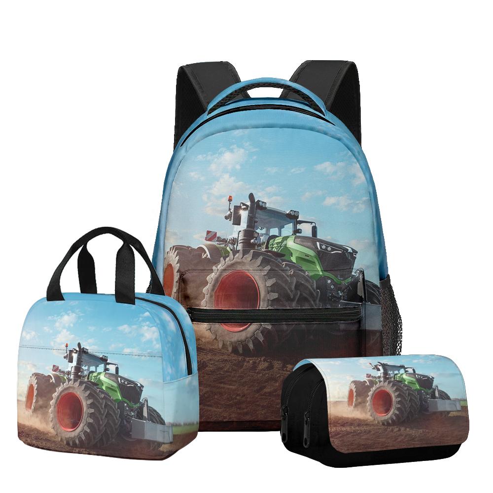 Classic Novelty Cool Tractor pattern 3D Printed 3pcs/Set Student School Bags Laptop Daypack Backpack Lunch bag Pencil Case