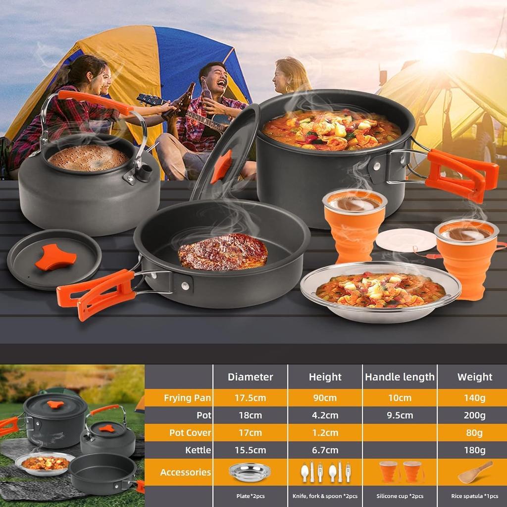 Camping Cooking Set Camping Cookware Outdoor Aluminum Mess Kit with Frying Pan, Pot with Lid, 1.2L Kettle Set and 2 Stainless Steel Plate, 2 Folding