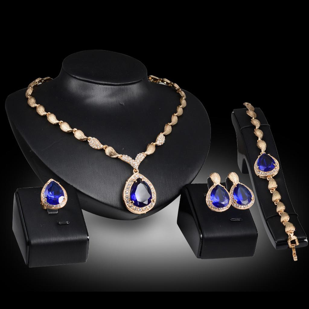 Foreign Trade Trend Exaggerated Droplet Gemstone Necklace Earrings Bracelet Ring Alloy Four Piece Set Bridal Banquet Jewelry