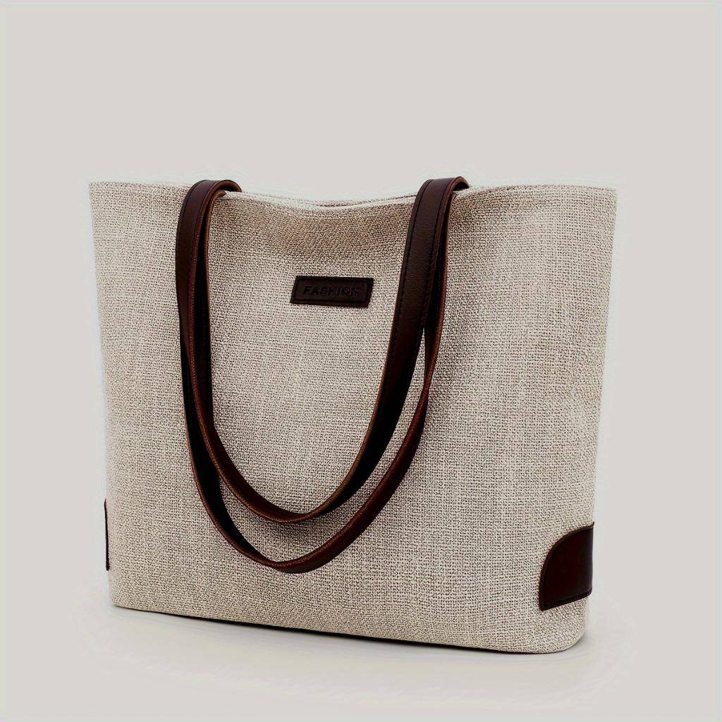 Women Minimalist Beige Large Tote Bag, Brown Shoulder Strap Zip Closure Handbag, Durable Easy Clean Shoulder Bag For College Work Daily Use