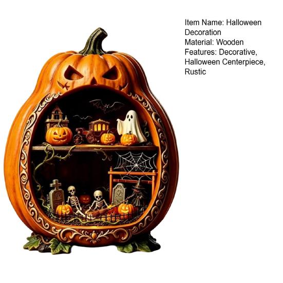 Rustic Halloween Tabletop Decor Centerpiece Pumpkin, Wooden Pumpkin Ornament with Miniature Scenes, Jack-o'-lantern Table Decorations Skeleton