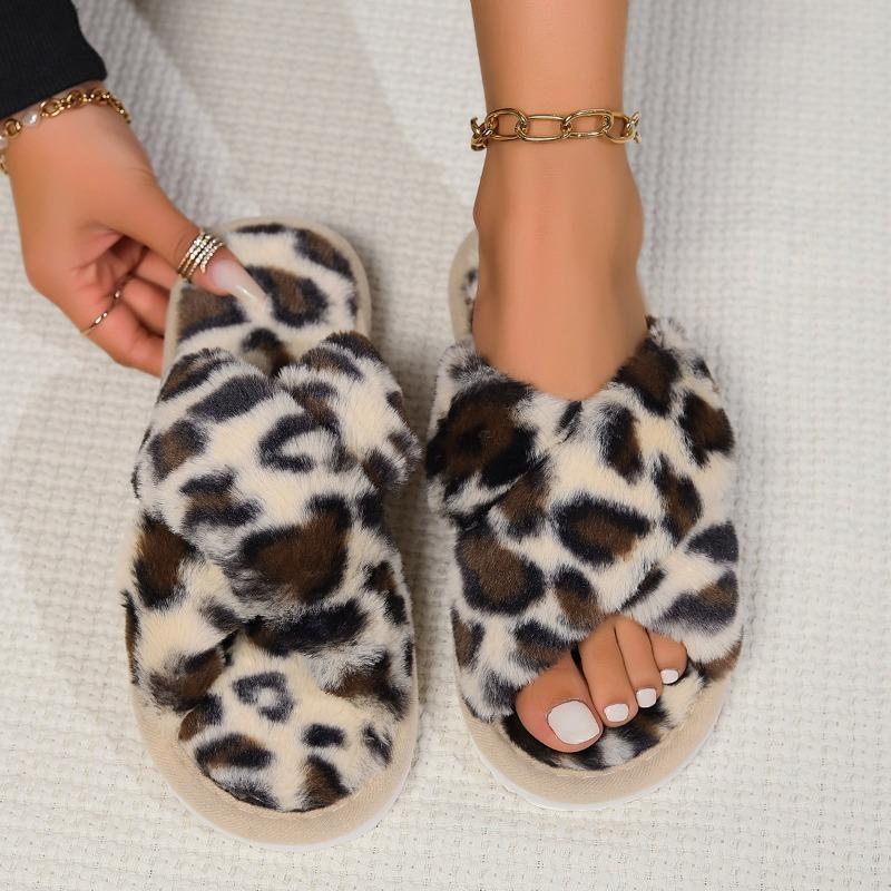 Slippers cross opening spring and autumn home non-slip flat bottom couple style fashionable simple open-toed fluffy slippers