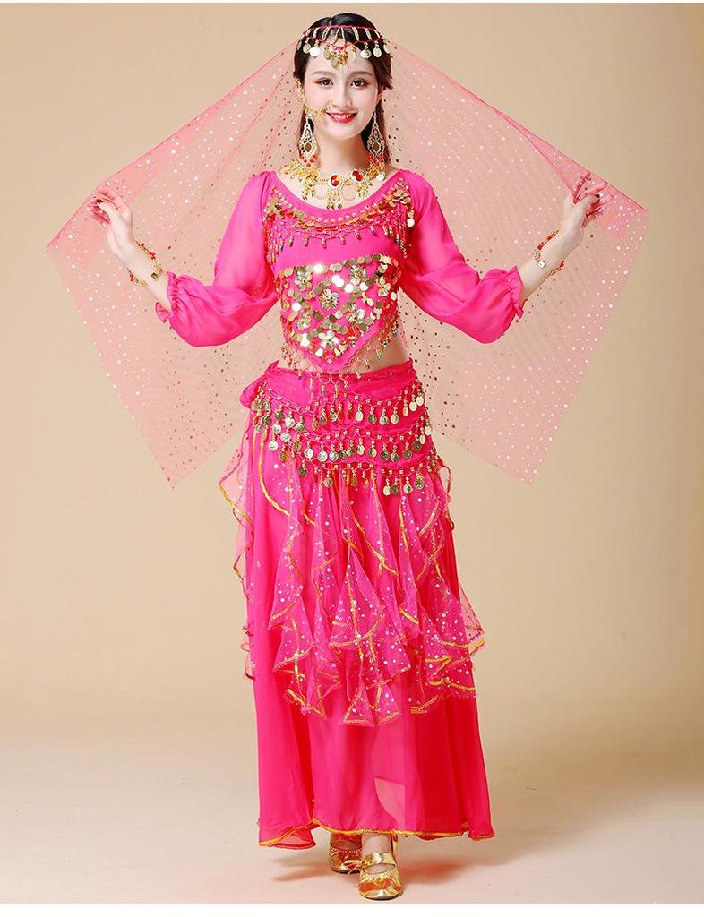 Women's Long Sleeve Indian Belly Dance Performance Costume with Short Sleeve Long Skirt