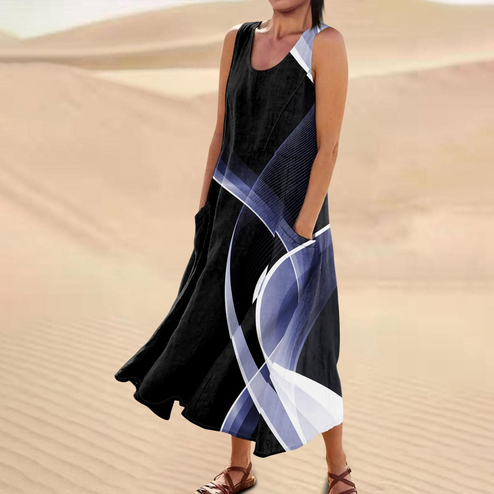 

Платье для женщин, весна-лето в стиле бохо, повседневное модное платье без рукавов для праздника, большой размер XL синий