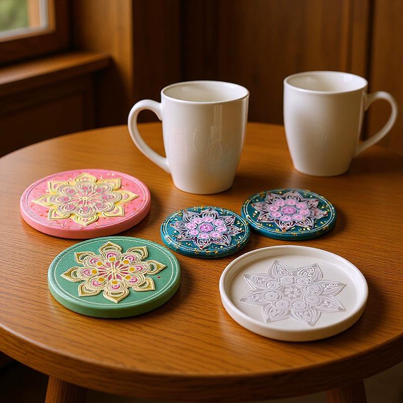 WTEMPO Epoxy Resin Embossing Molds Set DIY Bohemian Style Coaster Making Molds Creative Patterned Silicone Molds Circular Groove Teacup Mats Molds
