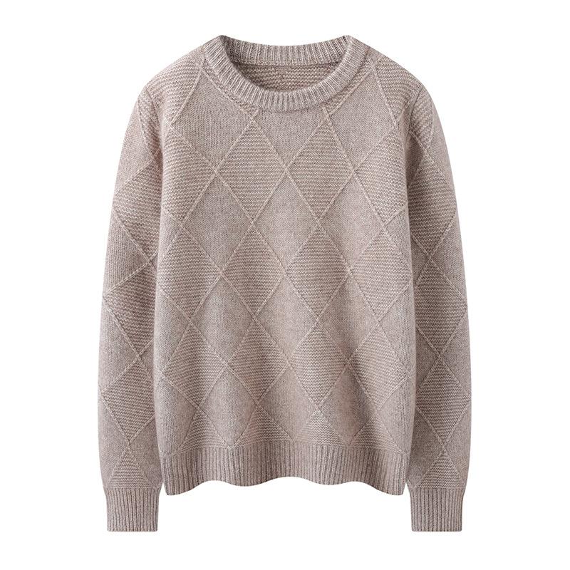 Autumn And Winter New Cashmere Sweater Women'S Round Neck Thickened Rhombus Jacquard Sweater Casual Knitted Cashmere Bottoming Shirt Top