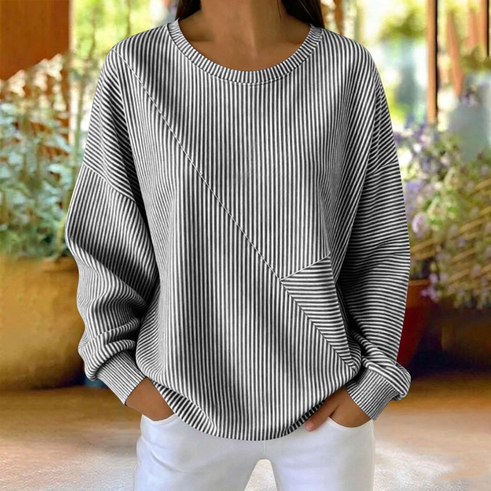 Women s Striped Crewneck Long Sleeve Sweatshirt Casual Pullover Top XXL