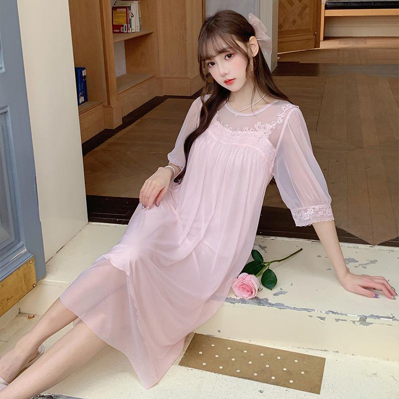

Vernis Crew Neck Lace Short Sleeve Summer Mesh Modal Medium and Long Pajamas Pajamas Homewear Women Can Wear Outside F