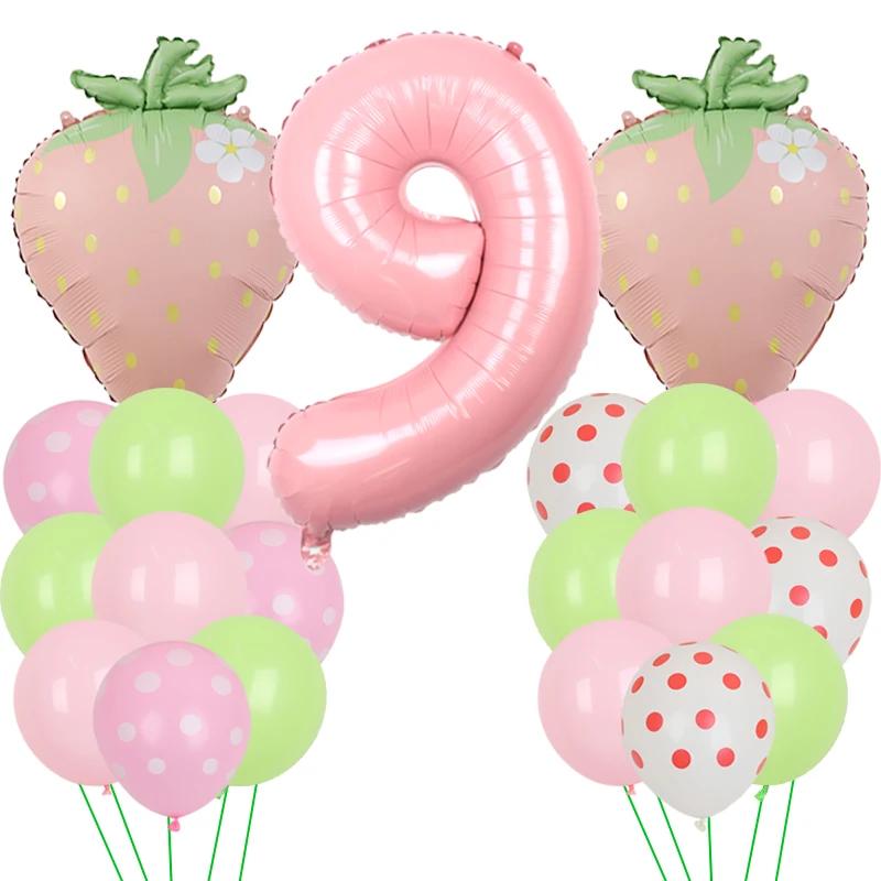 Fruit Strawberry Flower Foil Balloons with 40inch Pink Number Balloon Berry First Birthday Girl Sweet Summer Party Supplies