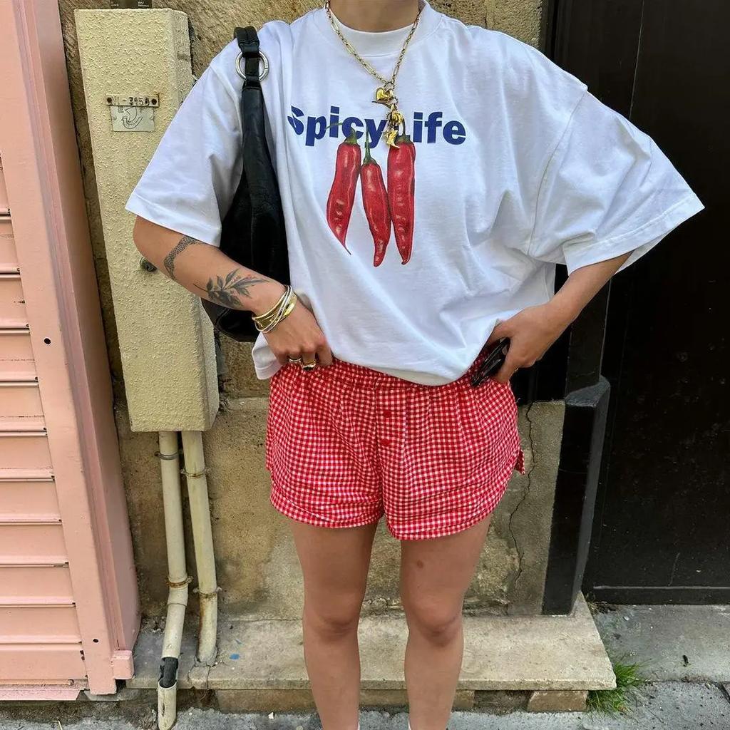 Women's Summer Basic Y2K T-Shirt Chili/ Fig/ Ocean/ Lamp Print Casual Short Sleeve Tops for Streetwear Aesthetic Clothes Y2k Top