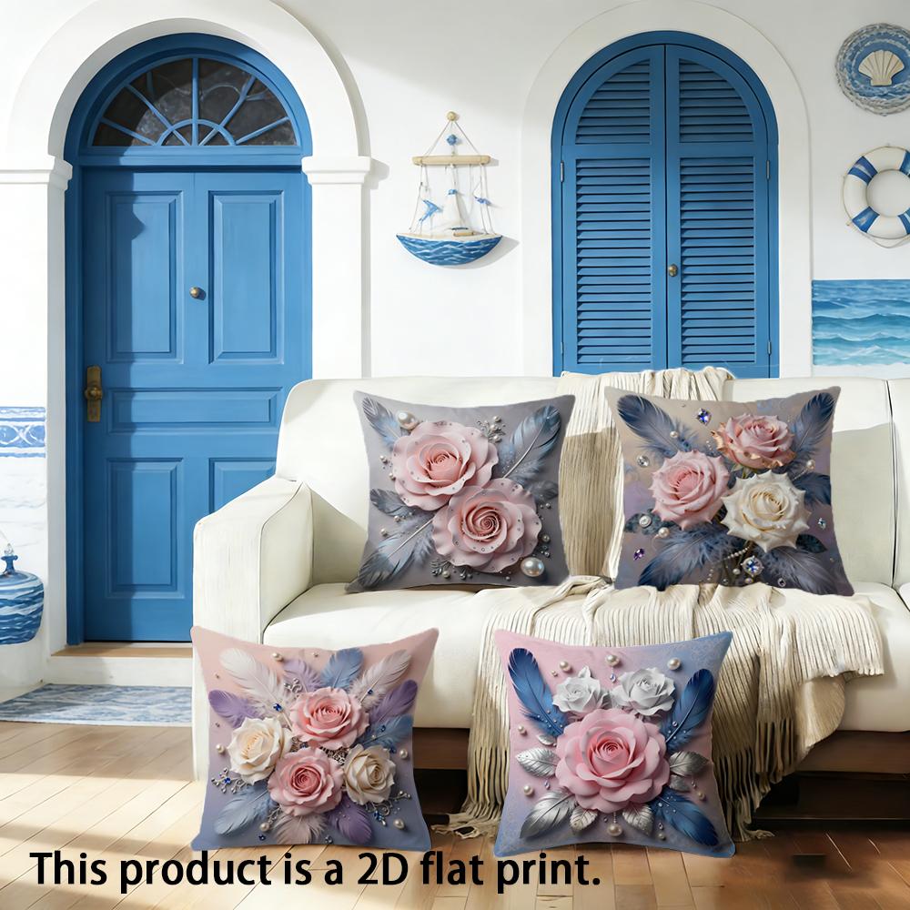 1/4pcs Floral Feather Embellished Pillow Covers Sofa Cushion Cover Home Bedroom Room Decoration