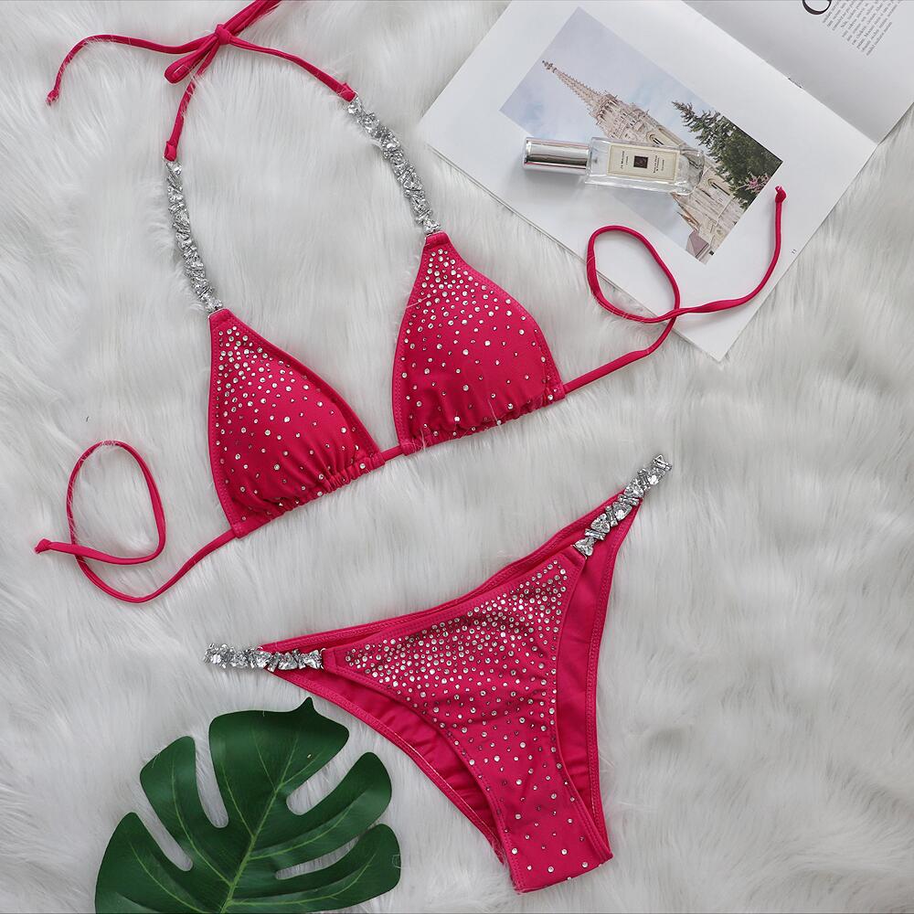 2022 TikTok European & American Sexy Diamond Strappy Solid Color Bikini Swimsuit