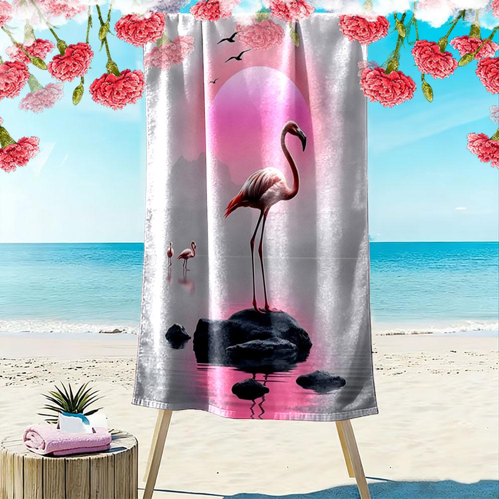Graceful flamingo sunset reflection Print beach towel, quick drying, suitable for travel, outdoor sports, jogging, the beach and swimming, gift