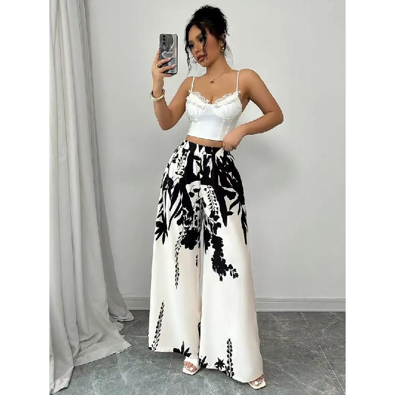 2026 Spring/Summer Women's Fashion Black and White Printed Slimming Casual Wide-Leg Pants