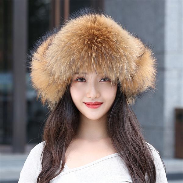 New 100% Real Fox Fur Hats Women's Russian Ushanka Aviator Trapper Snow Skiing Hat Caps  Winter Raccoon Fur Bomber Hat