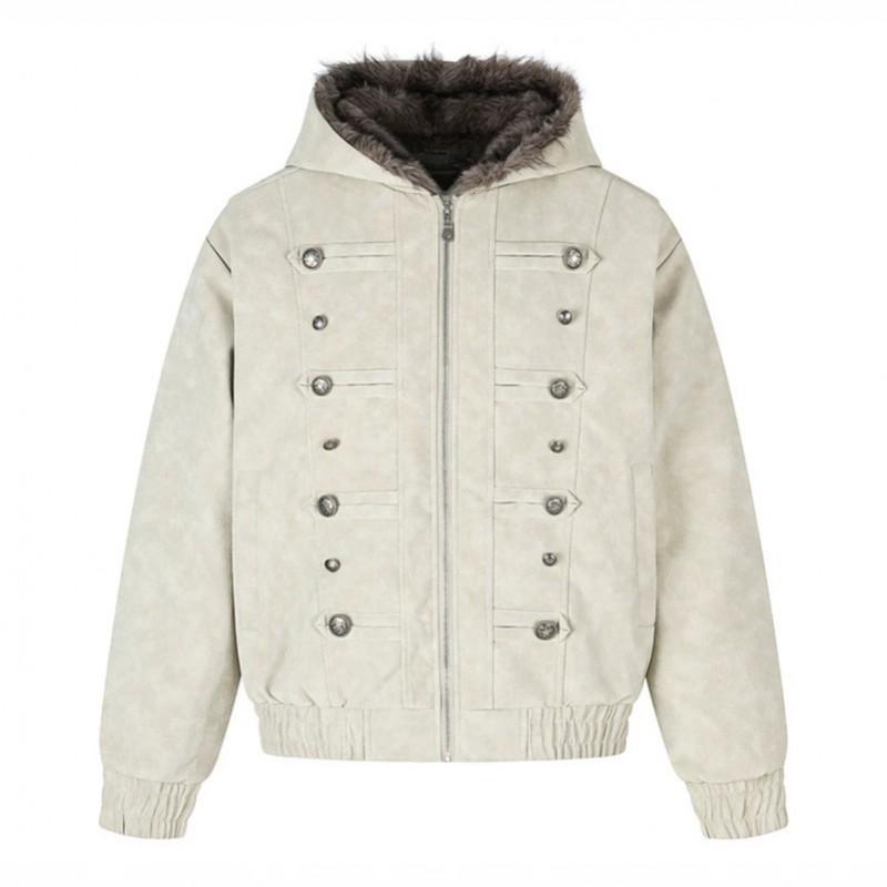 American Retro Hooded Padded Coat With Fur Trim Button Placket Warm Casual Outerwear Men Women