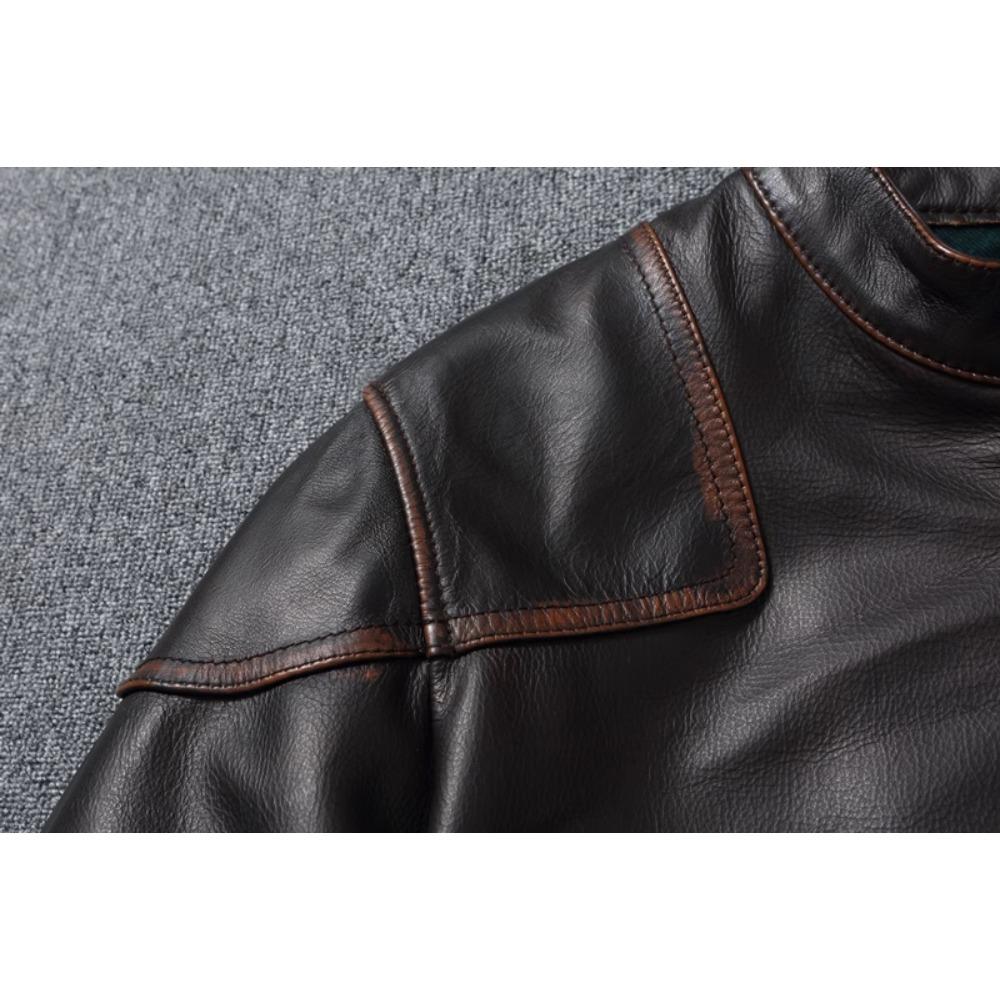 Style RL Top Layer Oil Waxed Cowhide Real Leather Jacket Men Stand Collar Brown Motorcycle Coat Men's Biker Jacket Spring Autumn
