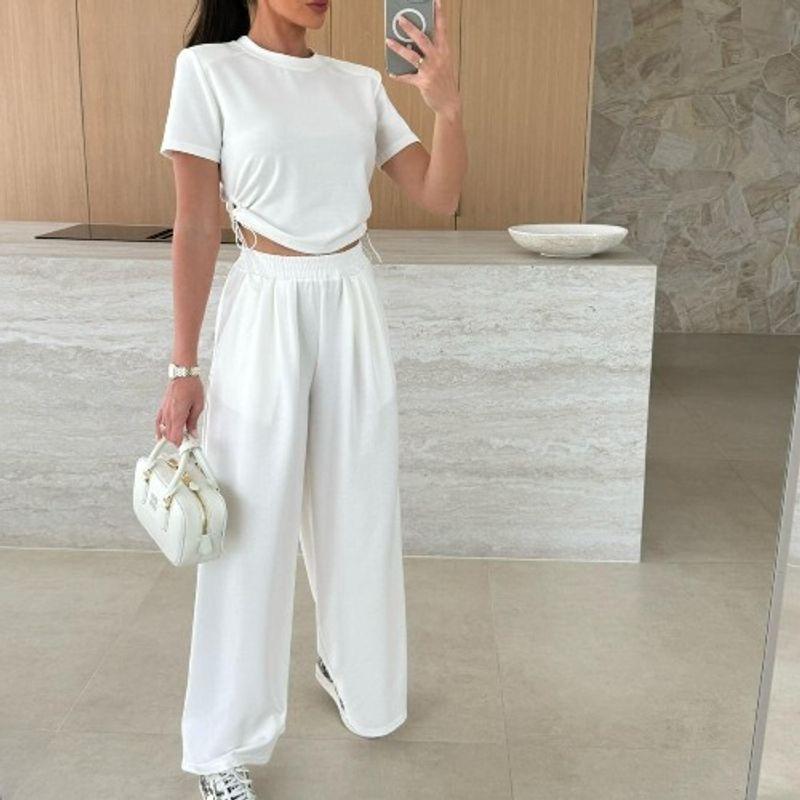 Spring and Summer New Western Style Solid Round Neck Short Short Sleeve T-shirt Loose Wide Leg Trousers Two-piece Suit Casual Women