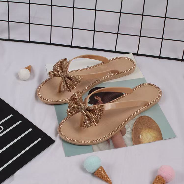 Fashion 2024 Spring/summer new large size flip flops women bow knot rhinestones outdoor leisure beach flat home sandals/slippers