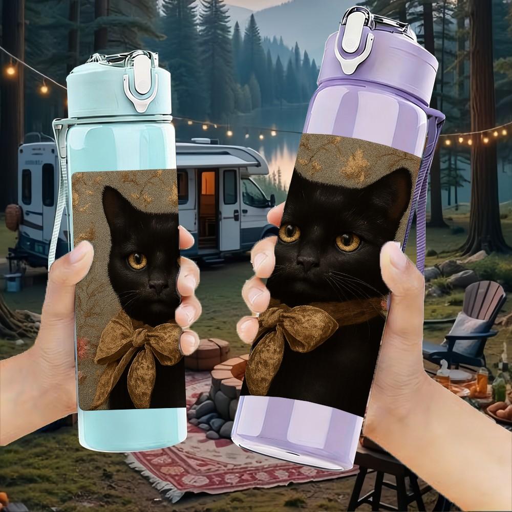 1PC Sleepy Black Cat Portrait 750ml Color Plastic Sports Water Bottle Leakproof Flip Straw Lid Suitable for Sports Office Home Use