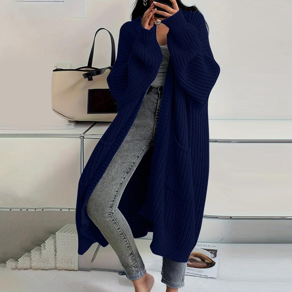 Women's Solid Color Long Sleeved Knee Length Knitted Cardigan, Lazy Trend, Medium Long Hair Jacket