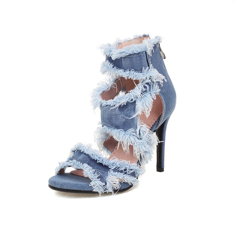 Fashion Women's New Summer Europe and America Open Toe Lace Edge Denim High Heel Large Bag Heel Zipper Roman Sandals 44 45 46