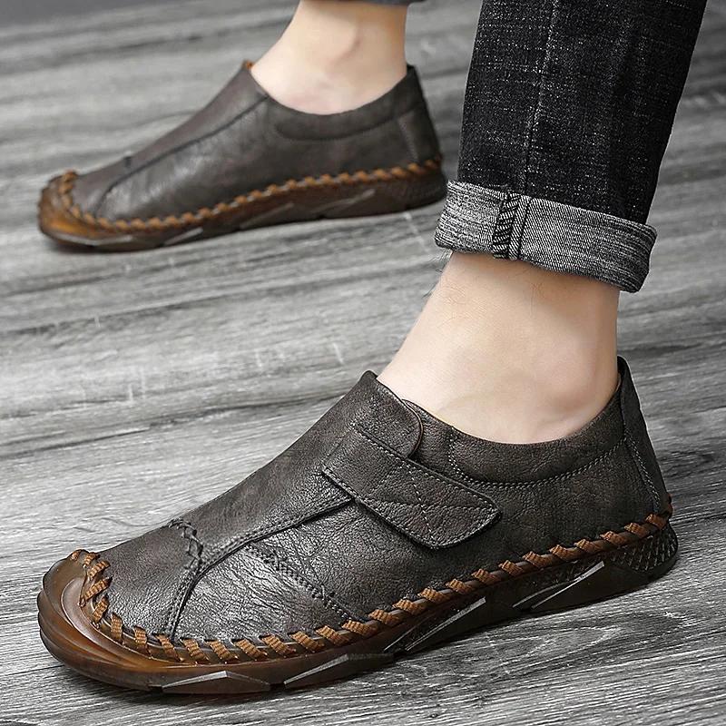 Fashion Men Casual Outdoor Shoes Genuine Leather Non-Slip Driving Shoes Handmade Breathable Soft Bottom Men Loafers Plus Size 38-47