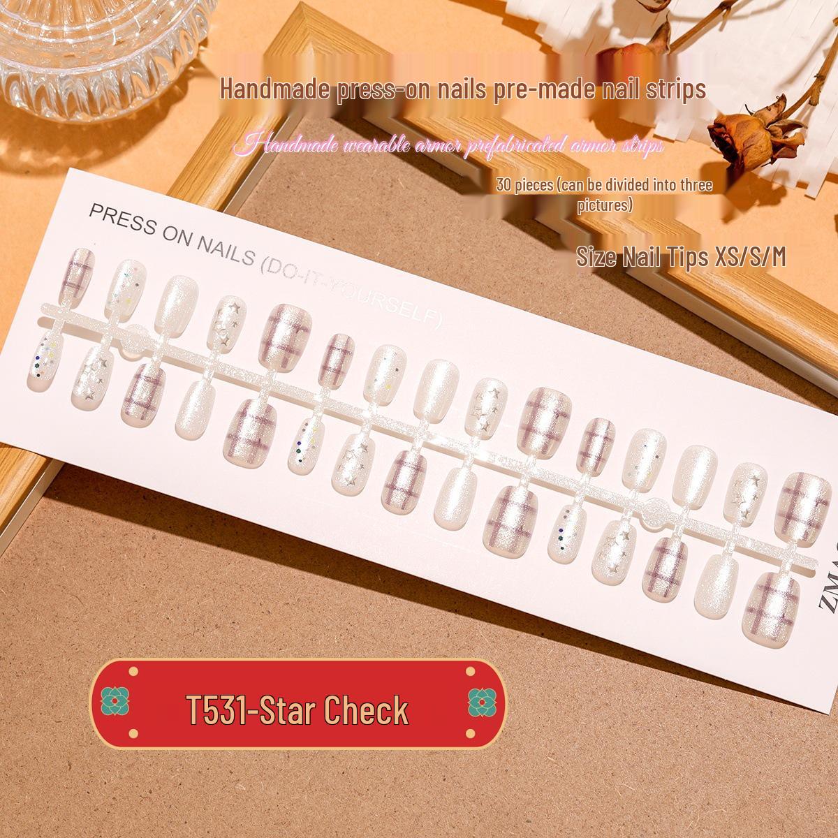 

T531# Star Plaid Short Cat Eye Wearable Silver & White Nails - 30 Pcs Whole S/S/S