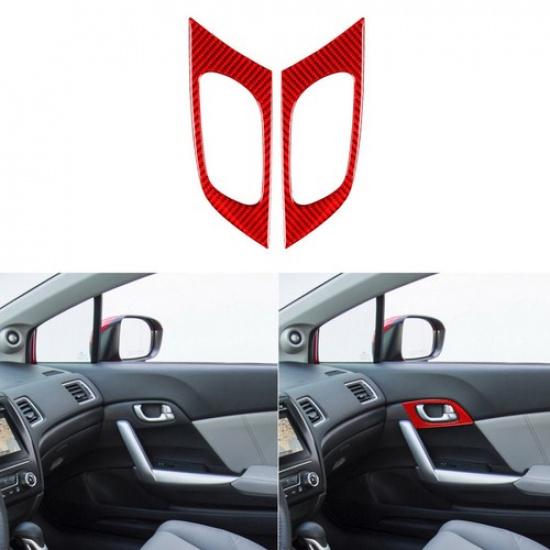 2Pcs Red Carbon Fiber Interior Door Handle Cover Trim For Honda Civic 9Th 13-15