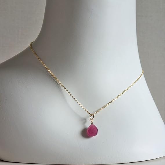 [Bebe Lapin] Ruby Single Stone Pendant Necklace, 14K Gold Filled Chain, September Birthstone (Gift Box Included)