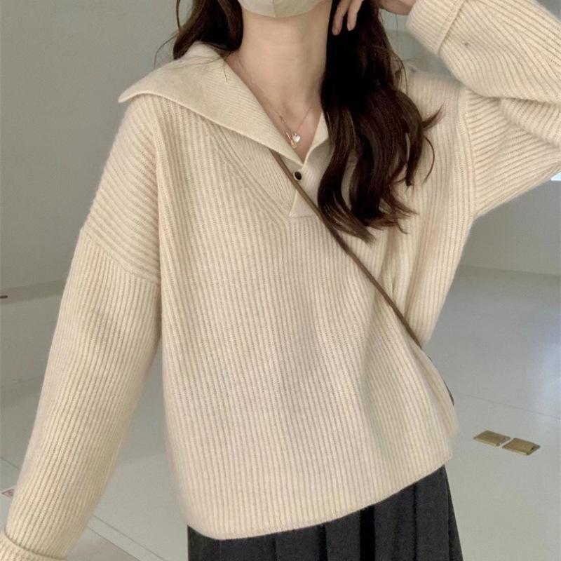 

One-button design pit strip knitted sweater simple lazy solid color navy lapel sweater women s autumn and winter new 48-72 (average size) бежевий