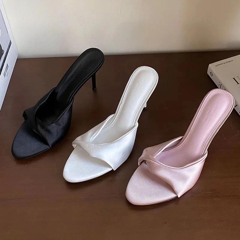 Vysoce kvalitní saténové pantofle na vysokém podpatku Dámské Letní Sexy Sandály s otevřenou špičkou Elegantní Společenské šaty Tenké lodičky Sandalias