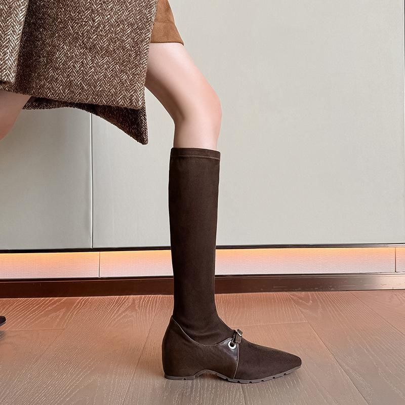 European popular temperament elastic thin boots brown fashion versatile pointed flat bottom inner height increasing boots high women's boots