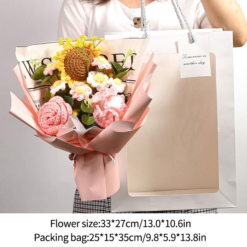 Crochet Flowers Bouquet Knitted Flower Artificial Hand Woven Flower Wedding Gift for Guests Teacher's Day Gift Graduation Flower