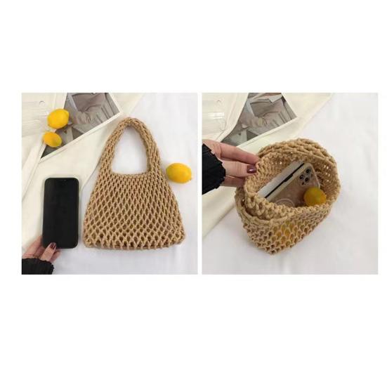 Hand-Woven Wrist Tote Bag Cotton Rope Braided Hollow Out Handbag Ladies Portable Wristlet Handbag for Travel Beach Shopping