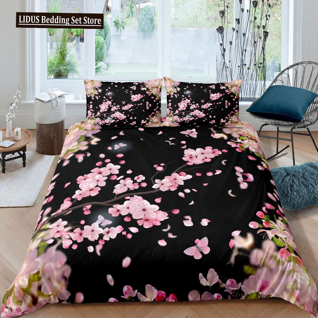 Japanese Duvet Cover Set,Branch Of A Flourishing Sakura Tree Flower Cherry Blossoms Spring Theme Art Japan Bedding Set Full Size