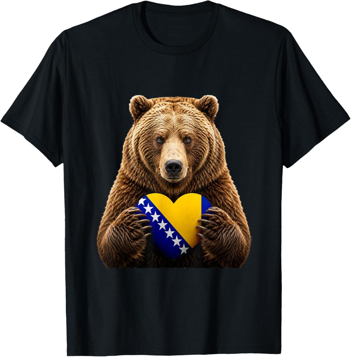 Bosnia Flag Heart Pride Country Heritage Bear Bosnian T-Shirt XXL
