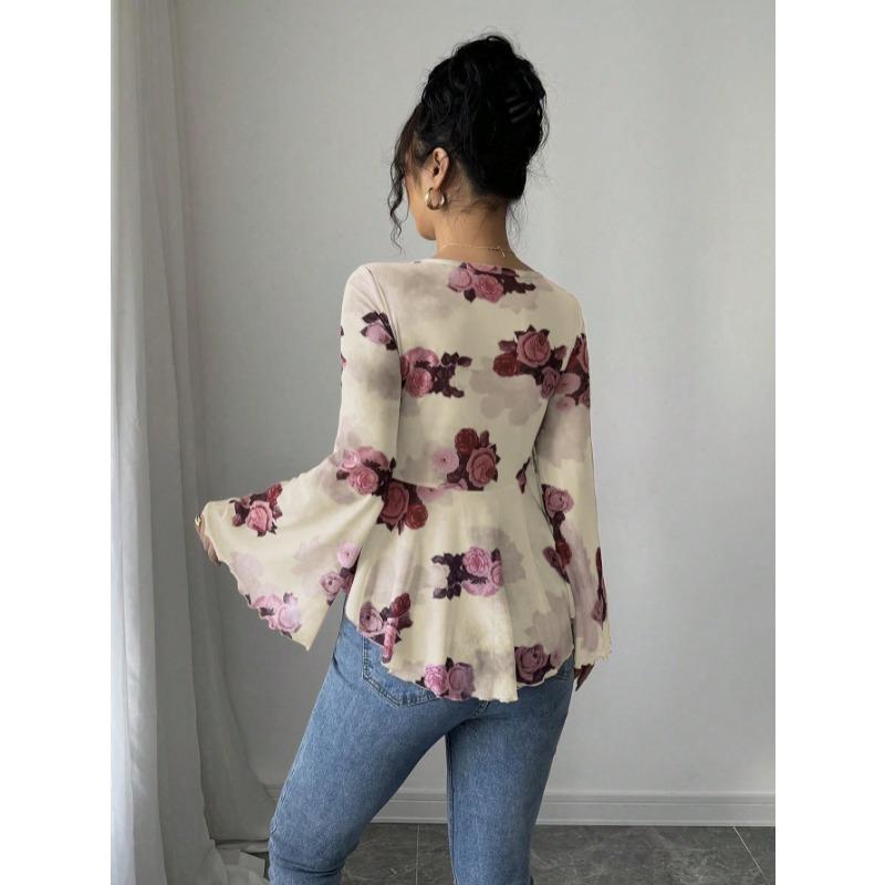 Fashion Square Collar Sweet Flower Printed Women Blouse Blending Tie Long Sleeved Shirt Ladies Loose Irregular Tops Elegant Slim Fit Casual Clothing