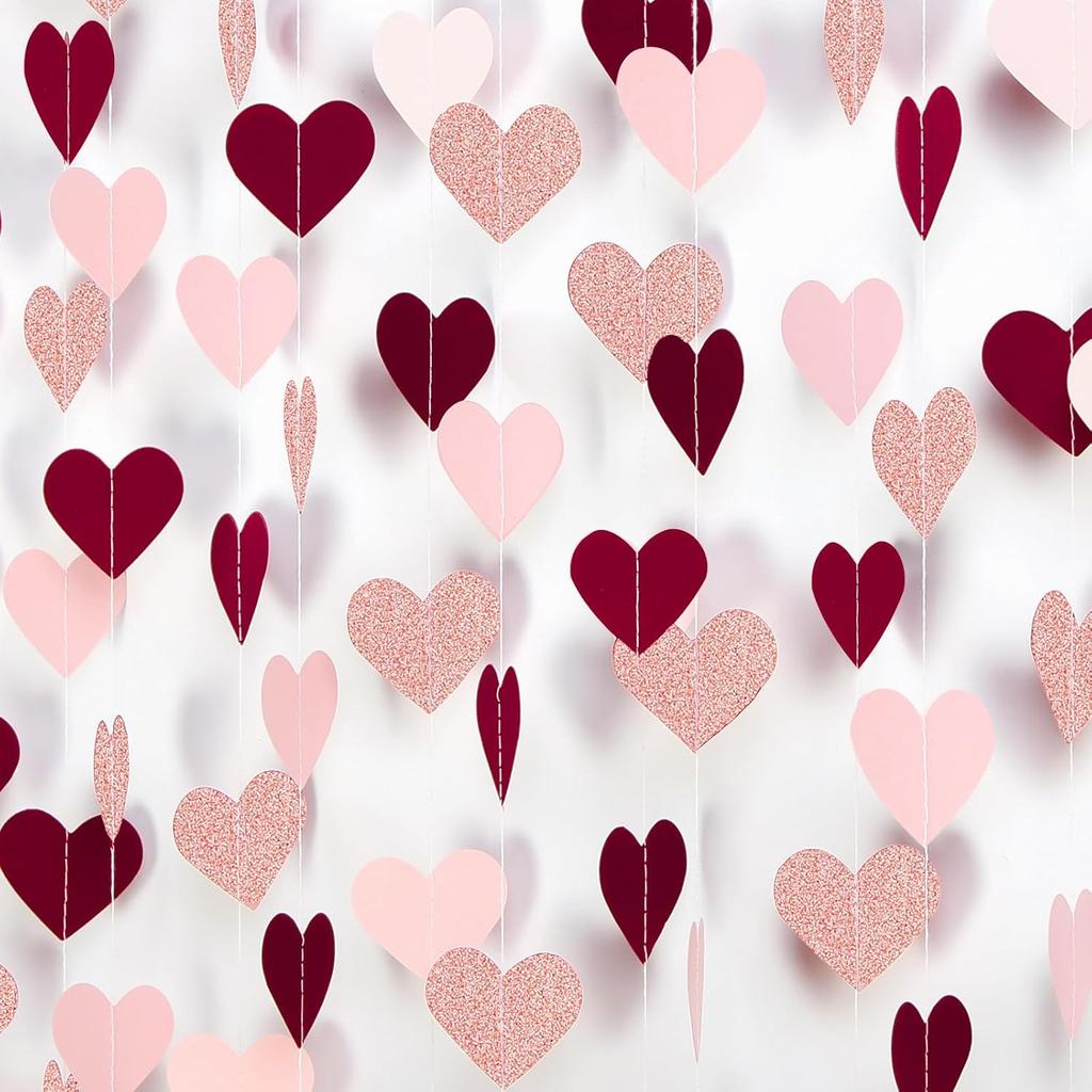 Rose-Gold Pink Burgundy Valentines Decorations - Paper Heart Garland 52ft Hanging Streamer Banner Engagement Mothers Day Wedding Anniversary Bridal