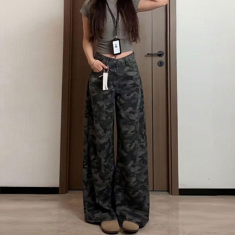 Vintage High Street Camouflage Work Jeans Wide-legged Jeans Female High-waisted Loose Skinny Straight Trousers Jeans for Women Long Denim Pants