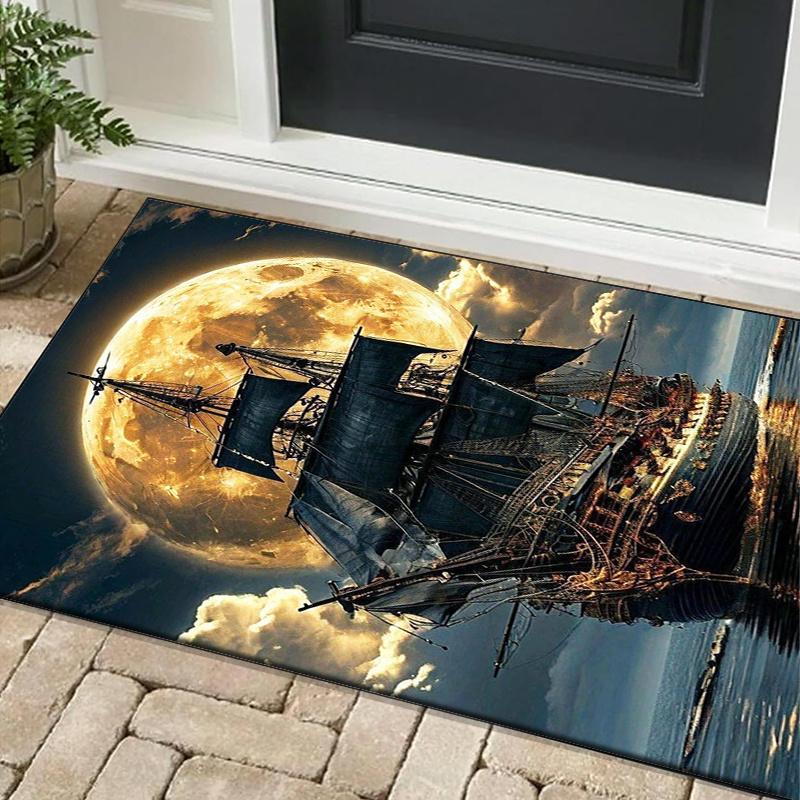 Alfombra de Barco Pirata en Noche de Luna Llena Suelo de dormitorio Interior con temática náutica Alfombra antideslizante se puede lavar a máquina