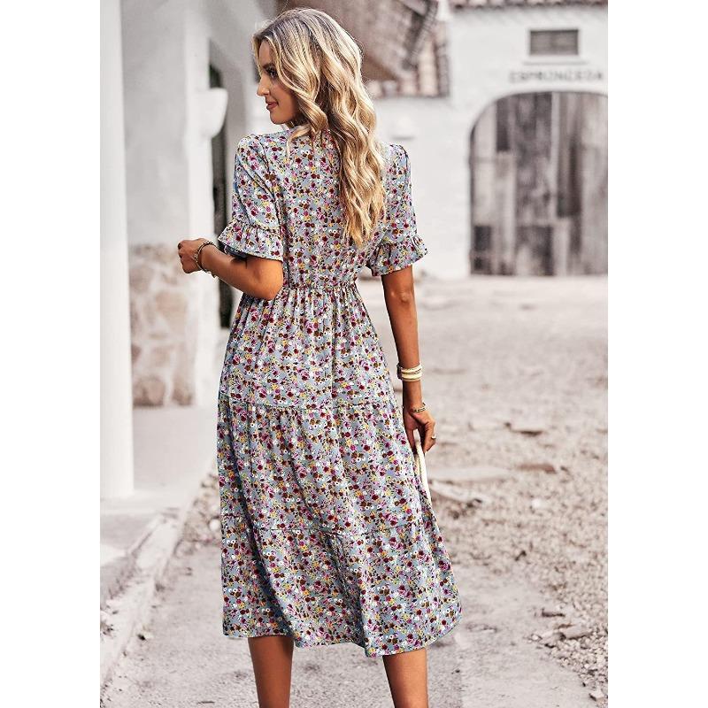 V-neck Short Sleeve Floral Printed Dress Summer Fashion Elegant Loose Long A-line Party Dresses Casual Bohemian Beach Slim Fit Elegant Clothing