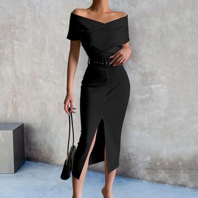 Short Sleeve Belt Hip Wrap Solid Color Women Dress Elegant Off Shoulder Front Split Bodycon Dress