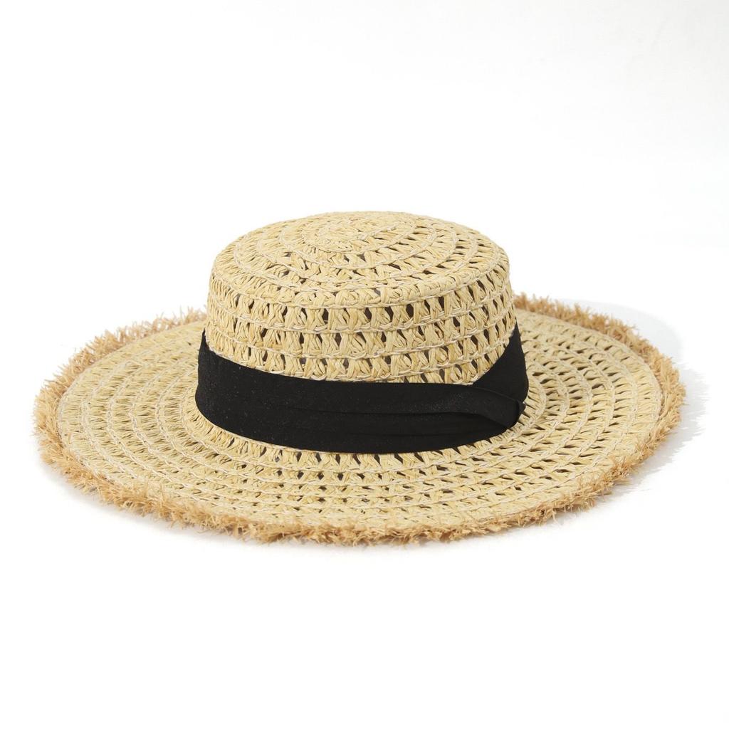 Summer new flat-top hollow straw hat three-fold with beach shading rough edge large brim imitation raffia hat breathable